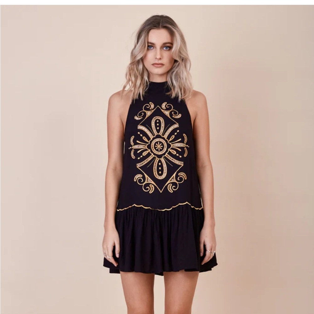 Morrisday the label black and gold Pandora embroidered dress